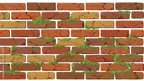 Long and rustic seamless brick wall pattern featuring varied colored bricks, extensive moss growth, and numerous cracks throughout.