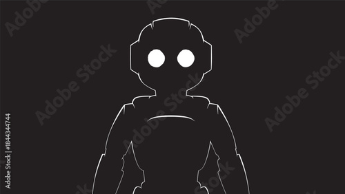 Minimalist silhouette of a faceless person against a dark background, line art style.