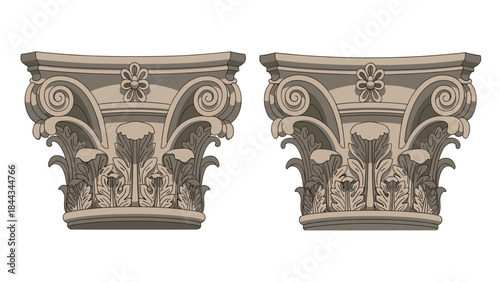 Two exquisitely detailed Corinthian column capitals, each featuring intricate floral and volute scroll carvings, showcasing classical architectural beauty.