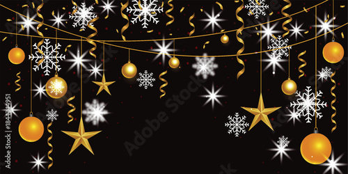 Golden Stars Snowflakes and Orbs on Black Background