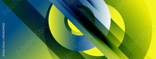 Abstract composition featuring overlapping curved shapes. Vivid blues, greens, yellows create dynamic visual effect. Modern design.