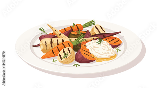 Gourmet plate of perfectly grilled root vegetables including carrots, parsnips, and sweet potatoes, served with a creamy sauce and fresh rosemary.