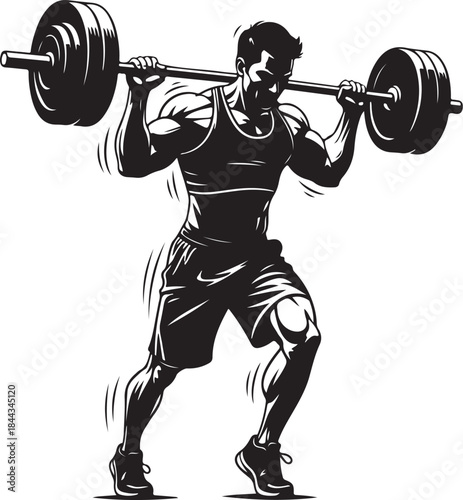 Muscular man performing heavy barbell squats in gym