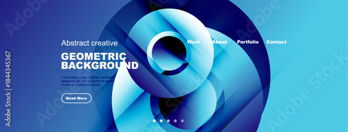 Modern website design features abstract geometric shapes, blue tones, text elements, navigation menu, call to action button.