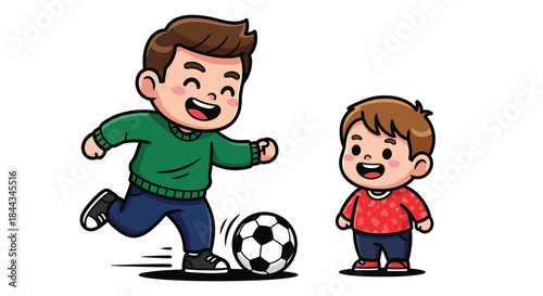 Two happy boys playing soccer with a black and white ball on a plain white background.