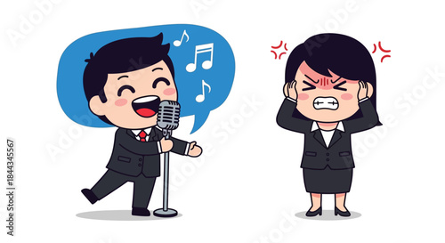 Cartoon illustration of a cheerful businessman singing into a microphone with musical notes, while a frustrated businesswoman covers her ears nearby, against a clean white background.