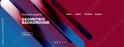 Abstract geometric background features vibrant blue, red gradients. Text elements include geometric background, navigation options, button.