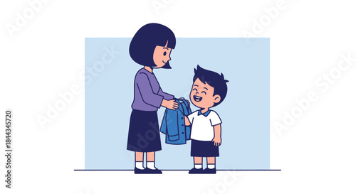 Illustration of a woman handing a backpack to a smiling young boy against a light blue background.
