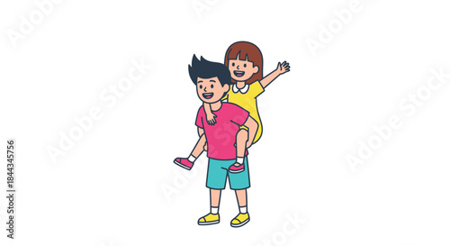 Two happy children playing together outdoors with a piggyback ride on a plain white background.