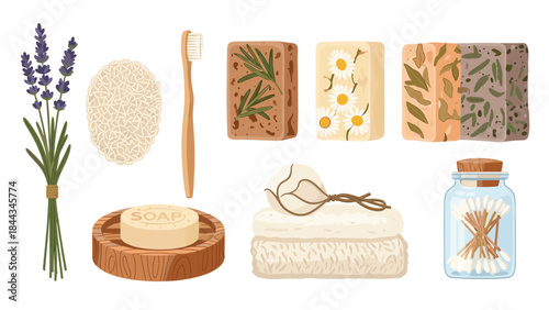 Comprehensive collection of natural bath and spa products, featuring lavender, a loofah, a bamboo toothbrush, herbal soap, rolled towels, and cotton swabs.
