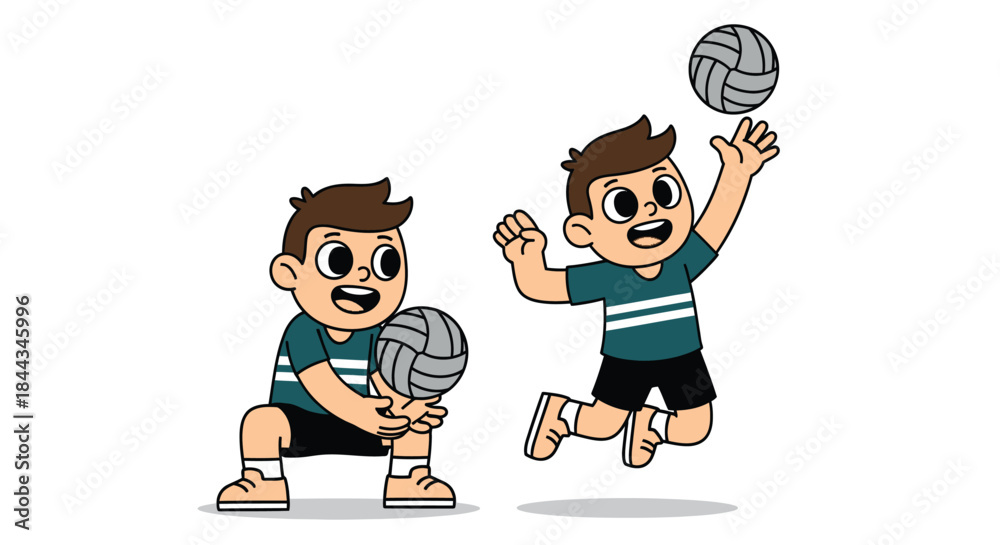 Fototapeta premium Two cartoon boys playing volleyball, one jumping and serving while the other prepares to receive, against a clean white background with a playful mood.