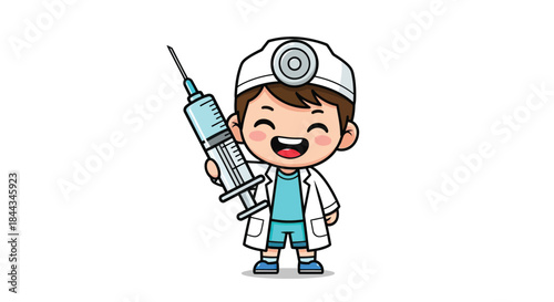 A cheerful cartoon doctor holding a large syringe in a white lab coat and hat on a plain white background with a playful mood.