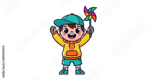 A cheerful cartoon boy wearing a green cap and yellow jacket holds a colorful pinwheel in his hand against a clean white background with a joyful mood.
