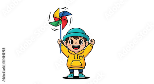 Cheerful cartoon boy holding a colorful pinwheel with both hands in the air, wearing a yellow jacket and blue hat on a white background.