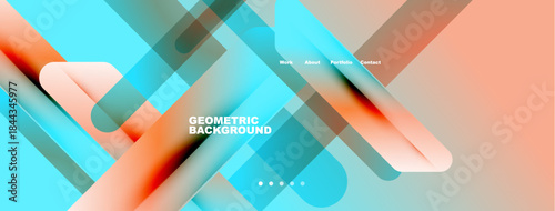 Abstract geometric shapes overlap. Blue, orange hues create modern design. Text includes work, about, portfolio, contact. Minimalist aesthetic.