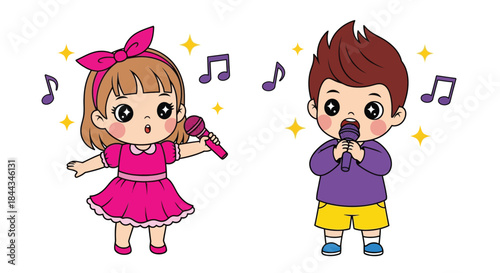 A cheerful cartoon girl and boy singing with musical notes and stars on a white background.