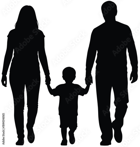 Family Silhouette Vector Illustration Walking Together Parents Mother Father Child Son Daughter Holding Hands Love Happiness Bonding Generational Relationship Black and White Outline Graphic