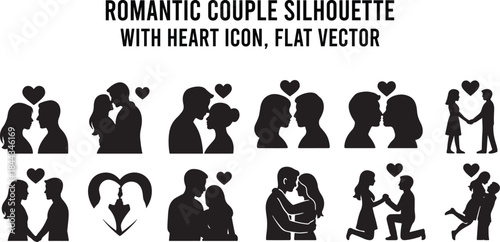  icon set Romantic couple silhouette with heart icon, flat vector,