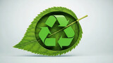 Green recycling symbol inside a realistic textured leaf on a light background nature
