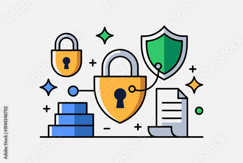 Digital security concept illustration with padlocks, shield, and data protection elements.