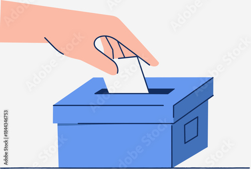 A hand casting a vote into a blue ballot box, representing democracy and elections.