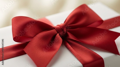 Close up of red satin bow on beige gift box, elegant holiday present detail

