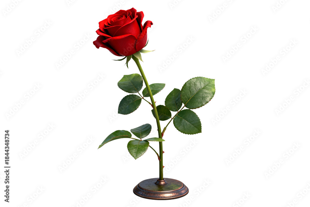 Obraz premium Red Rose with Green Leaves in Bronze Vase