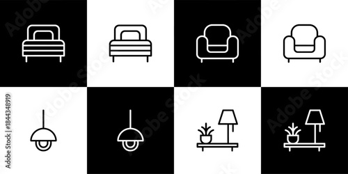 Vector Set of 4 Black and White Furniture and Interior Icons (Bed, Armchair, Lamp, Nightstand)