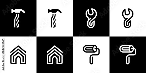 Vector Set of 4 Black and White Construction and Home Repair Line Icons