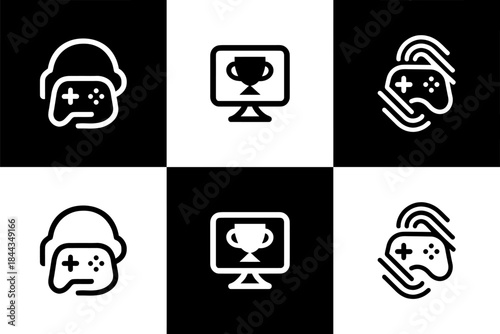 Vector Set of 3 Black and White Gaming Icons - Esports, Streamer, and Dynamic Controller Concepts