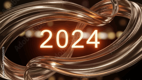 2024 glowing text with abstract metallic swirl futuristic celebration background for New Year
