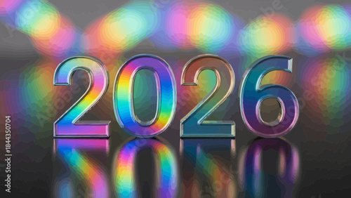 Year 2026 in metallic rainbow numbers reflecting on a glossy surface with bokeh lights concept for n