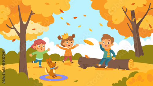 Children playing with a dog and frisbee in a vibrant autumn park