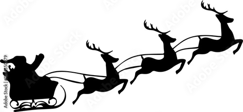 Santa's Flight: Silhouette of a magical christmas scene of santa claus riding a sleigh being pulled by reindeer soaring across the sky.  