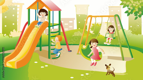 Children playing on a playground with a slide swings and a small dog