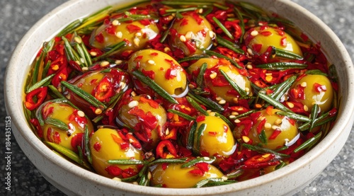Spicy Olive Oil with Chili Pepper, Rosemary and Green Olives in ceramic bowl