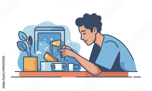 Young man refills his cup from the water cooler for a refreshing drink, with a plant and a bright, clean office setting for a productive day