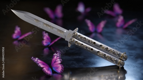 Dynamic composition of butterfly knife amidst fluttering purple butterflies
