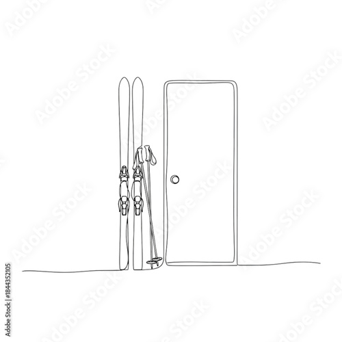 skis by cabin door. Skiing Equipment Leaning Against Wooden Door - Winter Sport Icon, Outline Drawing, Fresh Snow Activity, Seasonal Outdoor Adventure