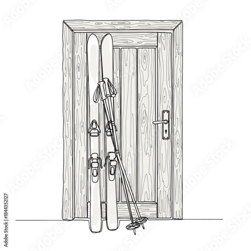 skis by cabin door. Skiing Equipment Leaning Against Wooden Door - Winter Sport Icon, Outline Drawing, Fresh Snow Activity, Seasonal Outdoor Adventure