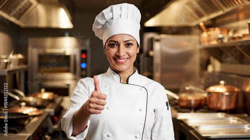 Portrait video footage of a smiling professional chef in a commercial kitchen giving a thumbs up gesture, representing restaurant service and hospitality approval.

