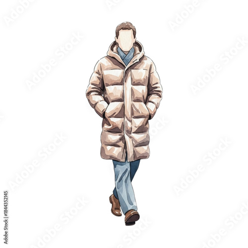 man in down coat walking.  Fashionable Man in Padded Winter Coat, Jeans, Casual Style, Full Body, Outdoor Walking, Modern Male Apparel, Streetwear Fashion, Seasonal Outfit