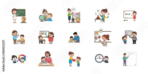 Illustrations of daily life scenes with people interacting