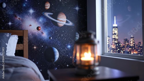 Cinematic video footage of a glowing mosaic lantern on a bedside table with a blurred city skyline and moonlight through the window, creating a cozy hotel bedroom atmosphere at night.

