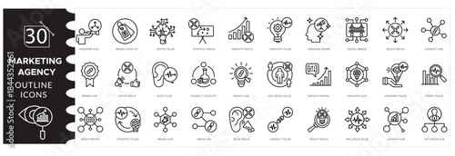 Digital Marketing Agency Vector Icon Set Featuring Advertising Strategy, SEO Optimization, Branding, Social Media Management, Web Design, and Online Business Promotion Concepts.