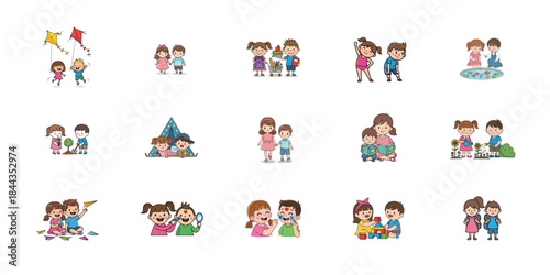 A colorful illustration of 12 diverse groups of children and teenagers