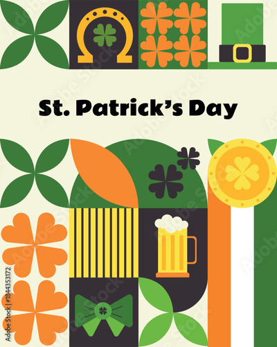 A modern St. Patrick’s Day greeting card with bold geometric patterns featuring shamrocks, beer, coins, leprechaun hat, and Irish colors