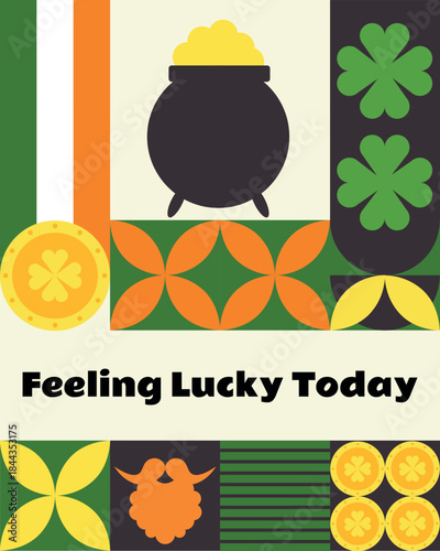 Geometric St. Patrick’s Day Poster with Pot of Gold. A festive St. Patrick’s Day greeting card with geometric icons of a pot of gold, shamrocks, leprechaun beard, and gold coins