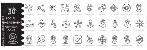 Social Media Engagement and Digital Marketing Vector Icon Set Featuring Online Communication, Influencer Campaigns, SEO Strategy, Content Creation, Audience Interaction, and Business Promotion Symbols