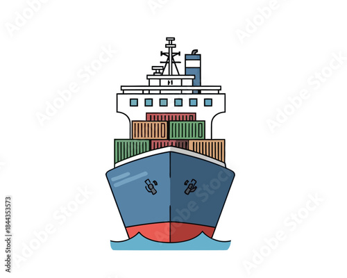 Front view of a large cargo ship filled with shipping containers, ready for transport across the ocean